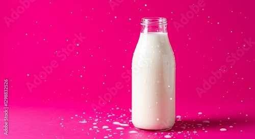 Refreshing Milk Bottle Splashing Vivid Pink Background. AI Generated