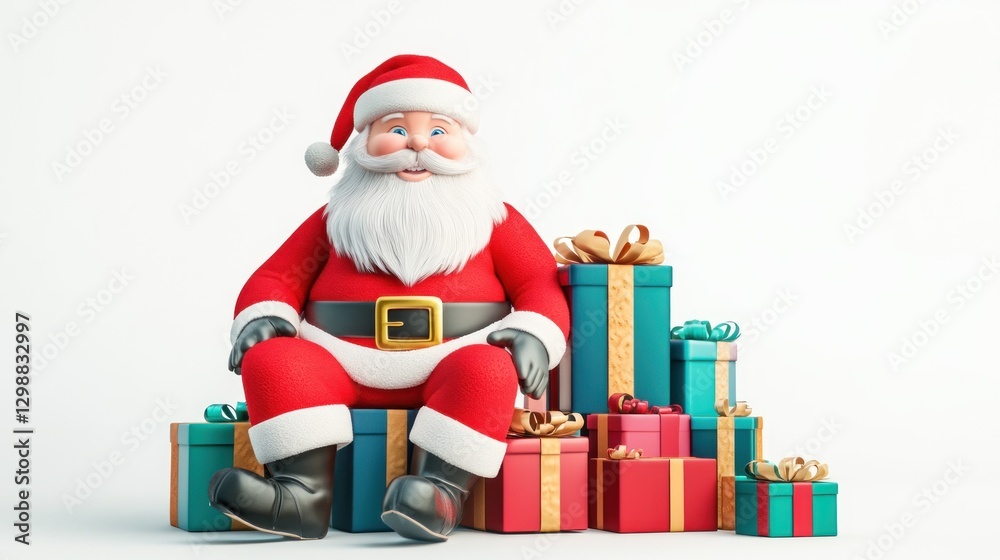 Cartoon Santa Sits on Presents, White Background