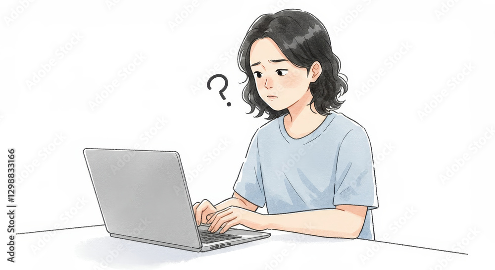 Watercolor cartoon of a person looks puzzled while working on a laptop at a table indicating confusion or deep thought white background - This watercolor cartoon depicts a person looking puzzled while Watercolor cartoon of a person looks puzzled while working on a laptop at a table indicating confusion or deep thought white background - This watercolor cartoon depicts a person looking puzzled while