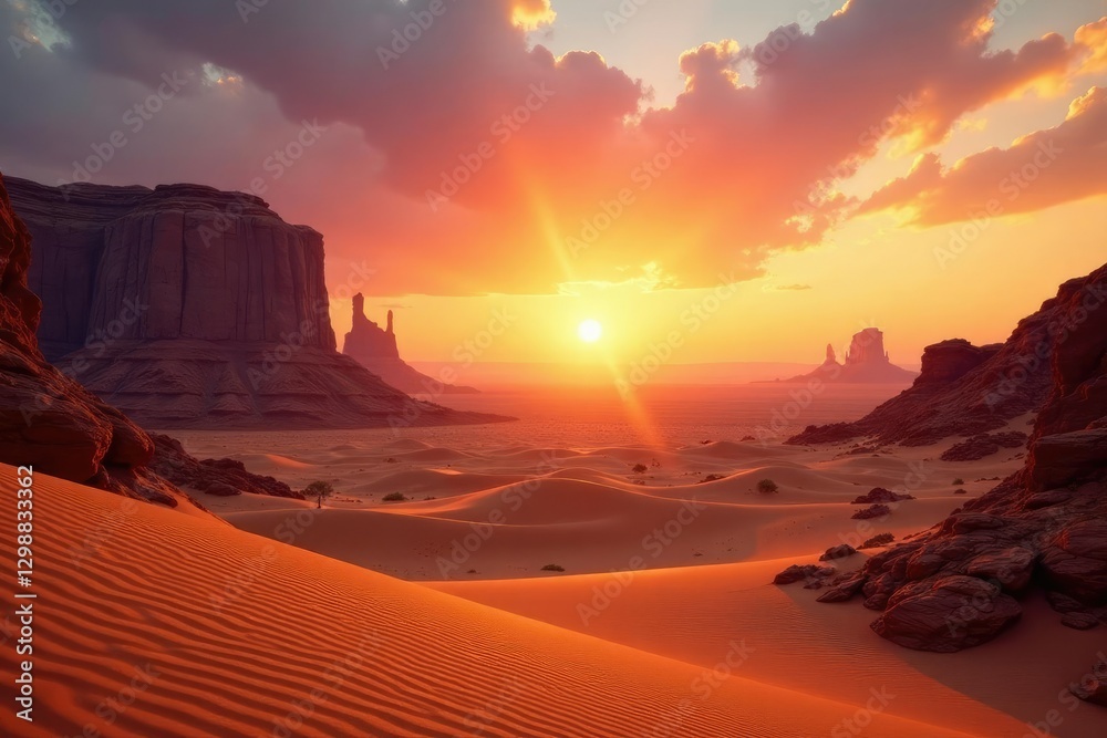 Fototapeta premium Desert sunset over vast expanse of sand and rock formations, desert, earthy tones