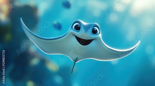 Happy 3D cartoon stingray gliding playfully, set against a dreamy, light blue oceanic background
