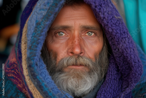 portrait, look of an elderly houseless man wrapped in warm clothes