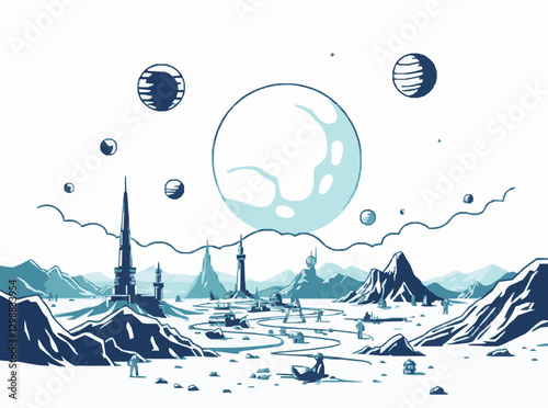 Colonizing New Worlds: Alien Planet Settlement Vector