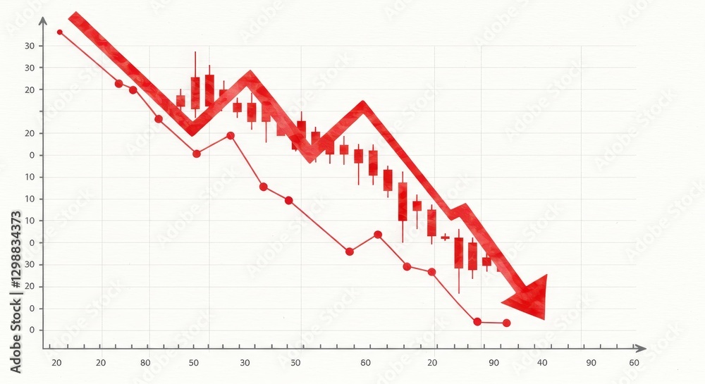 Downward Trend in Financial Chart with Red Arrows and Candlestick Patterns - This colorful illustration shows a downward trend in a financial chart with red arrows, candlestick patterns Downward Trend in Financial Chart with Red Arrows and Candlestick Patterns - This colorful illustration shows a downward trend in a financial chart with red arrows, candlestick patterns