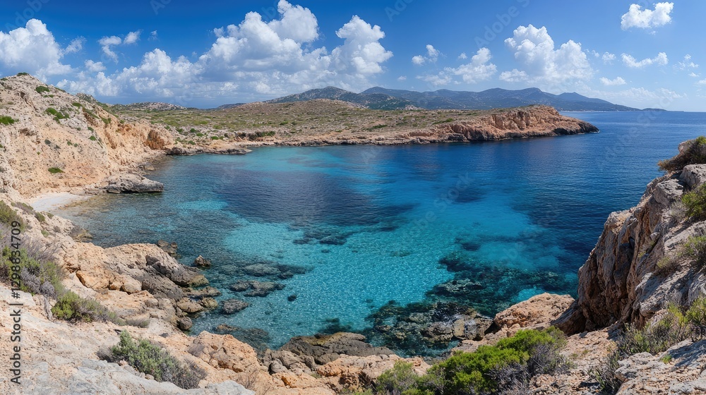 Fototapeta premium A panoramic view of a secluded cove, with rugged cliffs framing a tranquil beach and azure waters gently lapping at the shore.