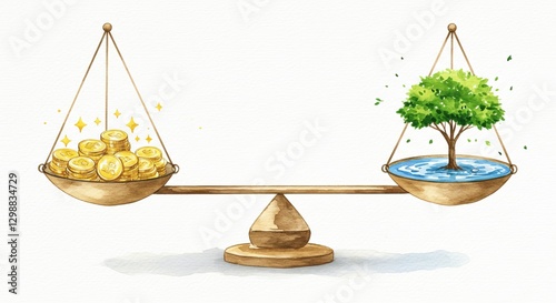 Watercolor Cartoon of Balance Scale Comparing Wealth and Nature - This watercolor, cartoon illustration features a balance scale with coins and bills on one side and a tree and water on the other photo