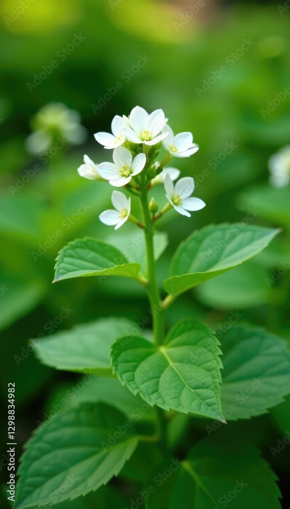 White flowers on heart-shaped leaves in a summer garden, flowers, siberian bugloss White flowers on heart-shaped leaves in a summer garden, flowers, siberian bugloss