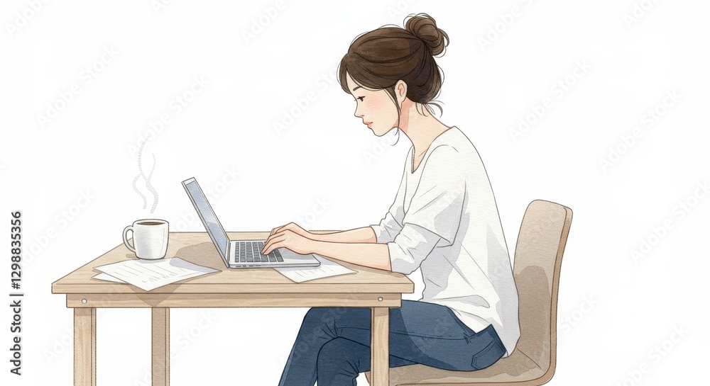 Watercolor Cartoon of a Person Sitting at a Desk with a Computer and Coffee - A watercolor cartoon depicting a person focused on work at a desk with a laptop, coffee cup Watercolor Cartoon of a Person Sitting at a Desk with a Computer and Coffee - A watercolor cartoon depicting a person focused on work at a desk with a laptop, coffee cup