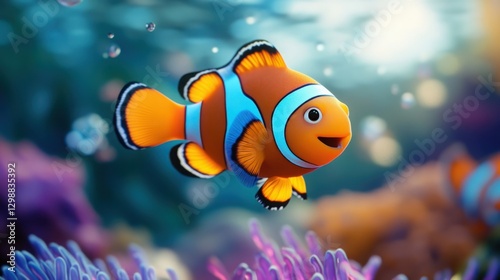 High 3D-rendered cartoon clownfish swimming joyfully with a bright underwater scene in the background