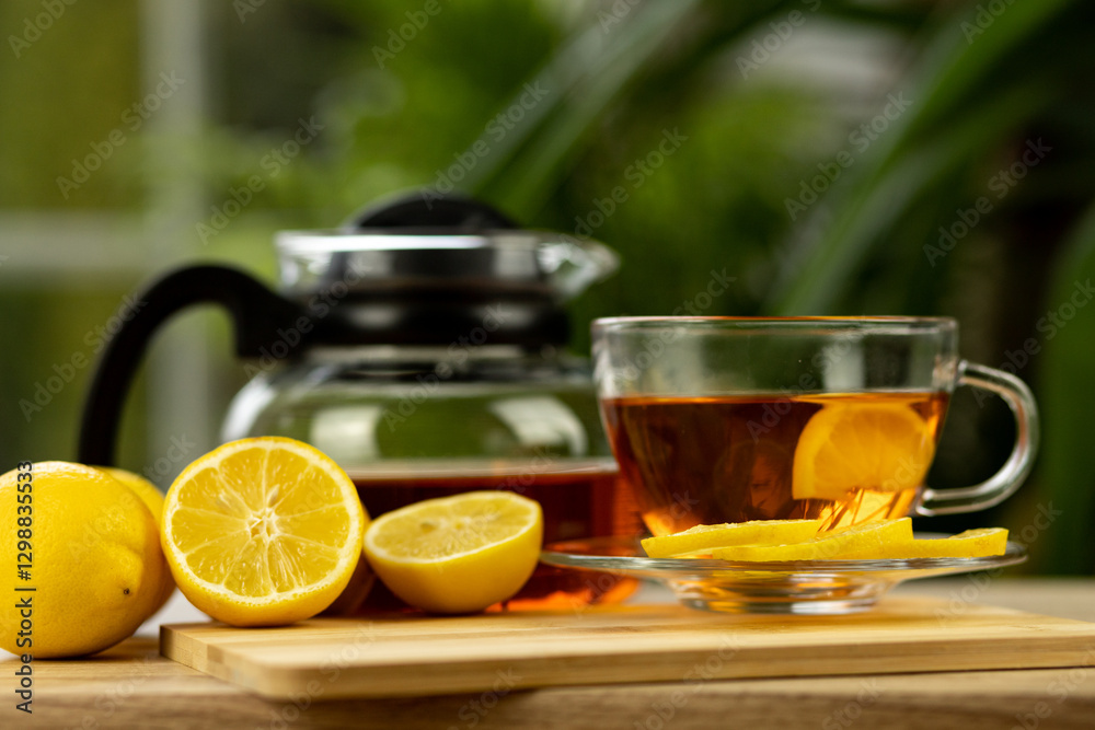 Glass cup of tea, teapot, sliced lemons on the table. Kettle with tea. Lemon tea Glass cup of tea, teapot, sliced lemons on the table. Kettle with tea. Lemon tea