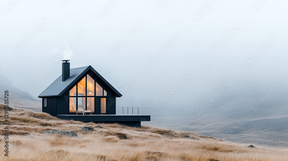 remote mountain cabin with smoke rising, surrounded by misty hills remote mountain cabin with smoke rising, surrounded by misty hills