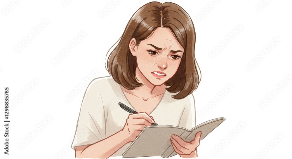 A cartoon woman appears stressed while writing notes and looks overwhelmed highlighting feelings of anxiety and concentration challenges - Watercolor cartoon depicting a woman struggling with anxiety A cartoon woman appears stressed while writing notes and looks overwhelmed highlighting feelings of anxiety and concentration challenges - Watercolor cartoon depicting a woman struggling with anxiety