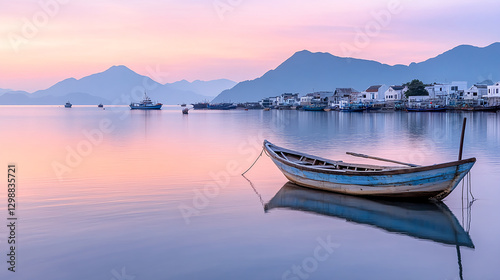 tranquil fishing village along serene bay at sunset