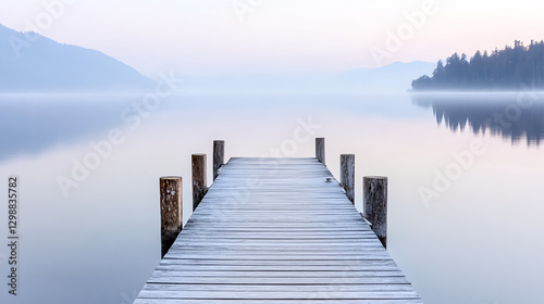 serene wooden dock extending into tranquil lake at dawn