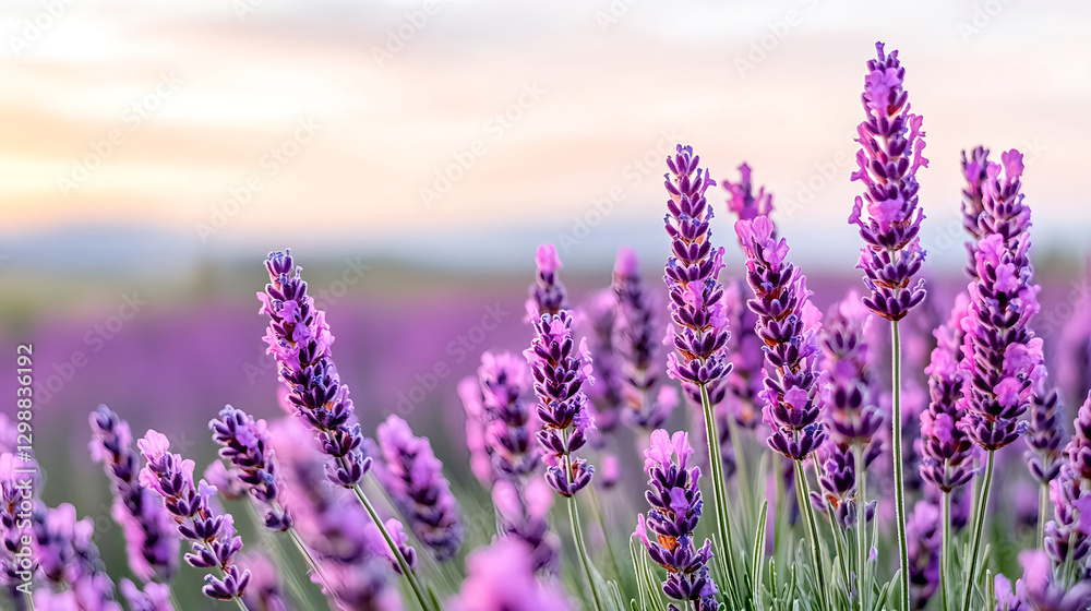 Obraz premium vibrant field of lavender flowers blooming under sunset sky