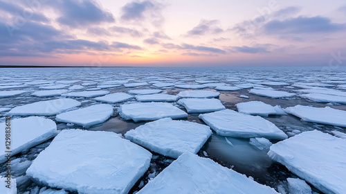 vast icy tundra with floating ice sheets under serene sunset sky