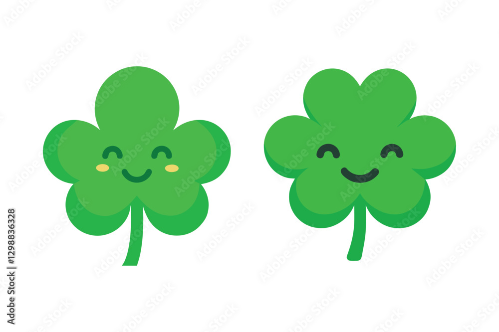 Cute Clovers St. Patrick's Day Lucky Clover icon, green clover leaves in different angles. 3D shamrock. St. Patrick's Day element render in plastic style. Cartoon vector Cute Clovers St. Patrick's Day Lucky Clover icon, green clover leaves in different angles. 3D shamrock. St. Patrick's Day element render in plastic style. Cartoon vector
