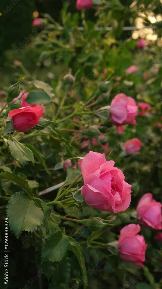Vertical video of pink rose bush in the summer garden on the sunset Vertical video of pink rose bush in the summer garden on the sunset