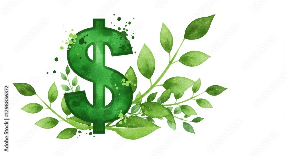 Vibrant Watercolor Illustration of Dollar Sign Surrounded by Green Leaves - A captivating watercolor cartoon featuring a dollar sign entwined with lush green leaves Vibrant Watercolor Illustration of Dollar Sign Surrounded by Green Leaves - A captivating watercolor cartoon featuring a dollar sign entwined with lush green leaves