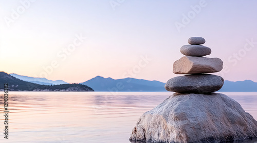Serene stacked stones on tranquil lake at sunset, reflecting calmness