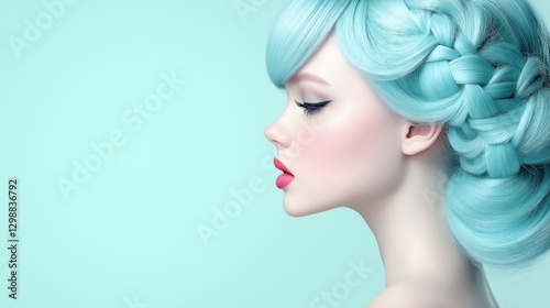 Fashion portrait of woman with blue hair and braided style against pastel background