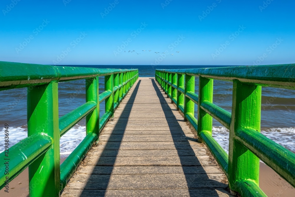 Obraz premium A long pier stretching out into the sea, with seagulls flying overhead