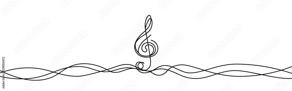 Obraz premium Treble clef continuous one line drawing. Music sign in simple linear style. Vector illustration.