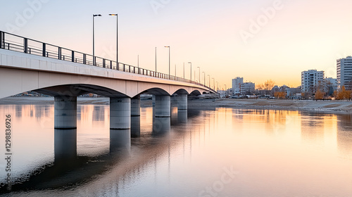 scenic bridge crossing quiet river at sunset, reflecting warm colors
