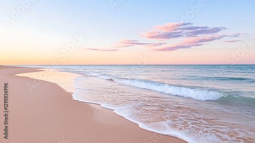 Serene coastal view with gentle waves and pastel sky at sunset