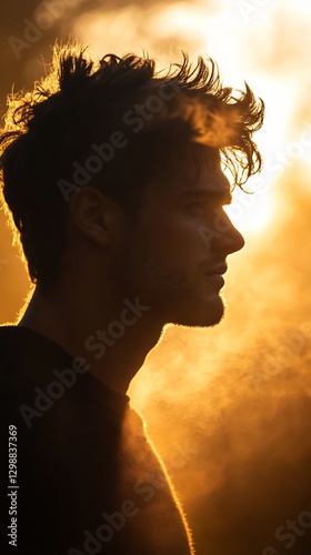 man introspective gaze golden light
