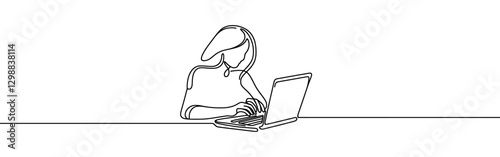 Woman writing and study with laptop continuous one line drawing. Laptop in simple linear style. Vector illustration.