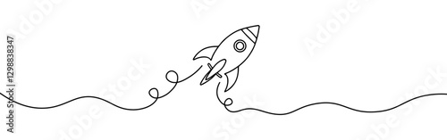 Rocket continuous one line drawing. Spaceship, rocket launch sign in simple linear style. Vector illustration.