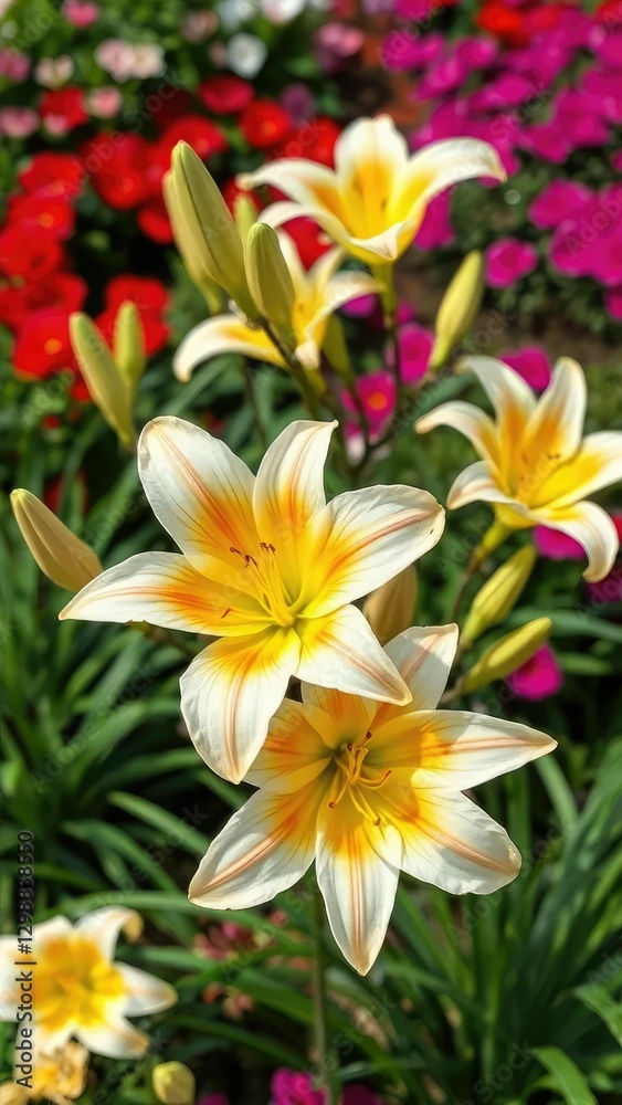 Fototapeta premium Blooming Royal Trinity lilies in a garden bed, garden bed, floral, blossoms