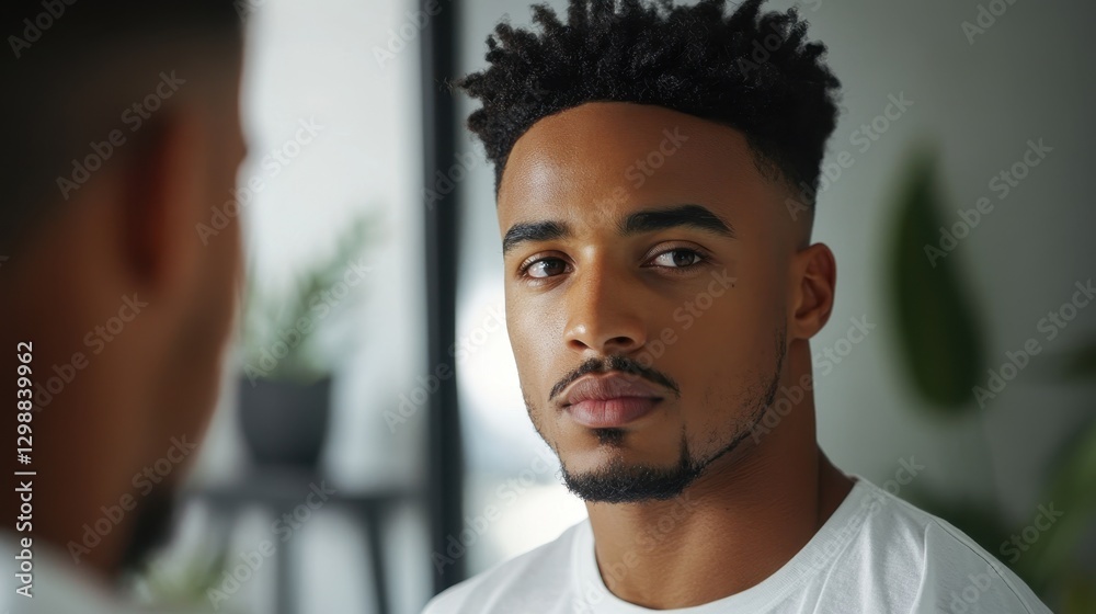 Thoughtful Man Gazing at His Reflection in a Mirror with a Pensive Expression and Natural Indoor Lighting Thoughtful Man Gazing at His Reflection in a Mirror with a Pensive Expression and Natural Indoor Lighting