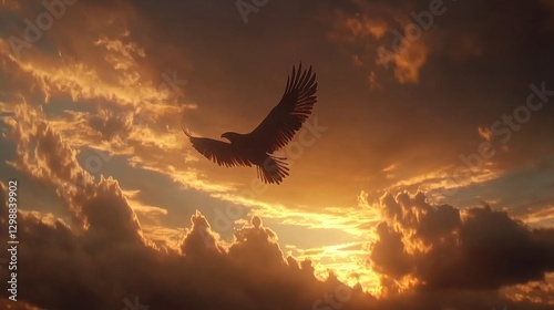 Eagle Flying with Glowing Sunset Behind Dramatic Clouds