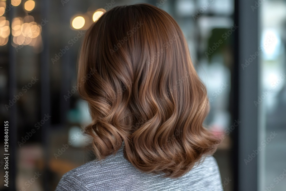 Rear view of a woman with long, wavy brown hair, showcasing a fresh hairstyle in a hair salon setting Rear view of a woman with long, wavy brown hair, showcasing a fresh hairstyle in a hair salon setting