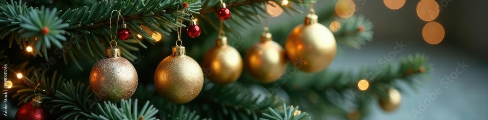 Golden ornaments hanging from a sprig of holly branch, silver garland, holiday decorations Golden ornaments hanging from a sprig of holly branch, silver garland, holiday decorations