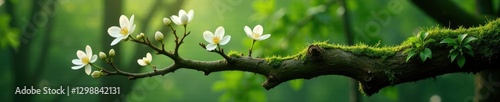 Ancient tree branch with mossy coating and delicate white flowers, branches, tree, foliage