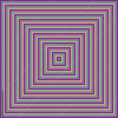 Visual effect created by neon blue, pink, green and orange squares getting progressively smaller