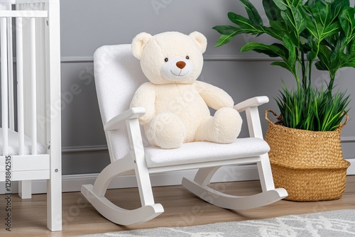 A minimalist nursery with a white crib, soft gray walls, and a single teddy bear on a rocking chair photo