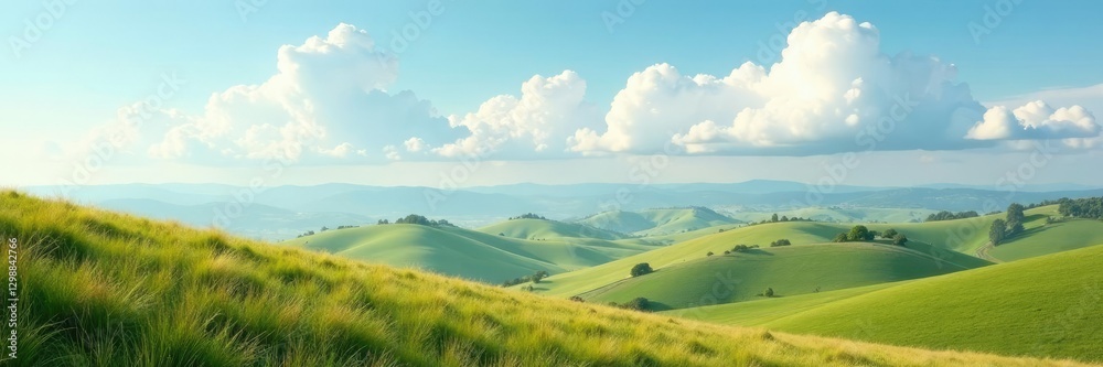 Soft and fluffy cumulus clouds drifting over rolling hills, rolling hills, weathered, soft focus Soft and fluffy cumulus clouds drifting over rolling hills, rolling hills, weathered, soft focus