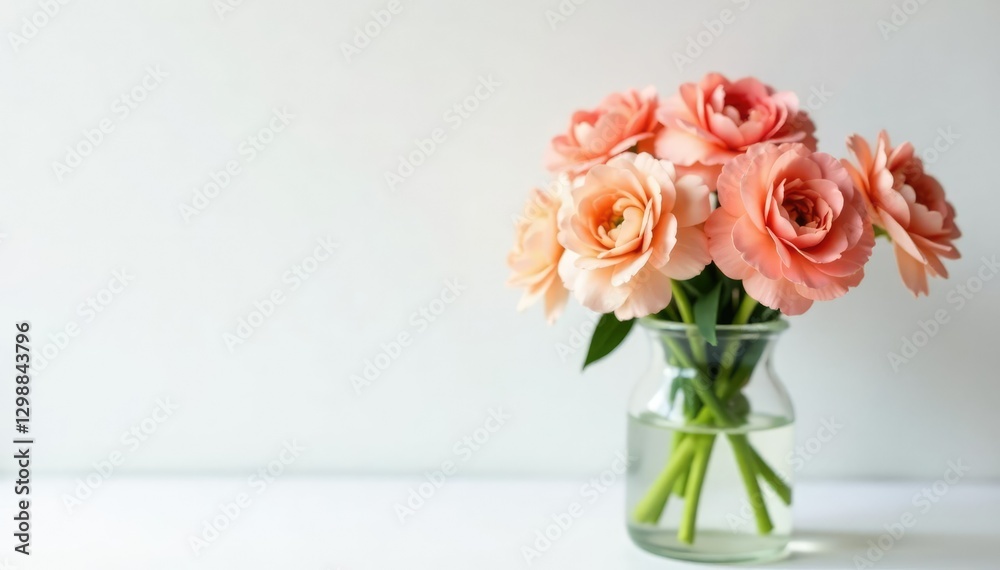 Fresh peach pink carnations in a vase on a white table, hue, carnations, white background Fresh peach pink carnations in a vase on a white table, hue, carnations, white background