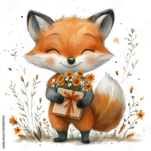 Cute Fox Holding a Gift Box With Flowers in a Cheerful Outdoor Setting During...