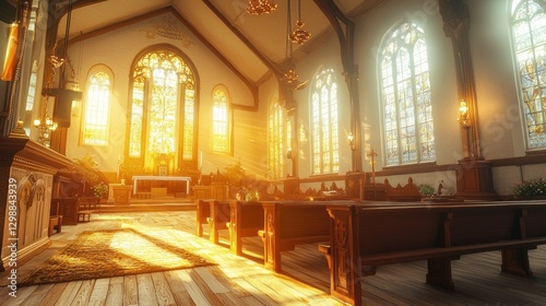 Sunlit church interior, pews, stained glass, worship photo