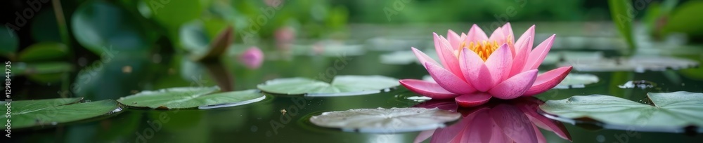 Pink water lily blooms scattered across the surface of the pond, water_lilies, pond_life Pink water lily blooms scattered across the surface of the pond, water_lilies, pond_life