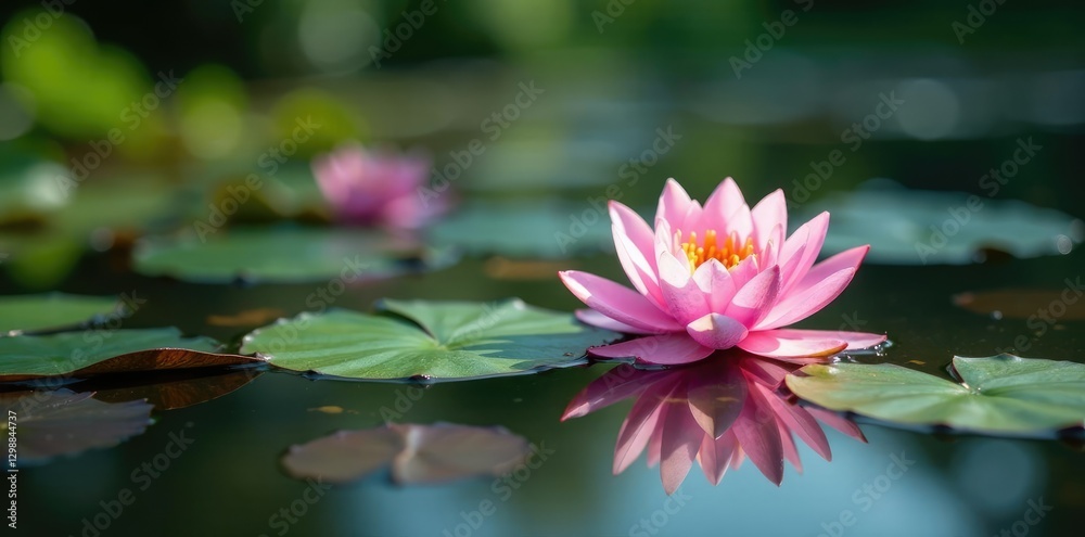Pink water lily blooms scattered across the surface of the pond, aquatic_plants, pond_life, water_lilies Pink water lily blooms scattered across the surface of the pond, aquatic_plants, pond_life, water_lilies