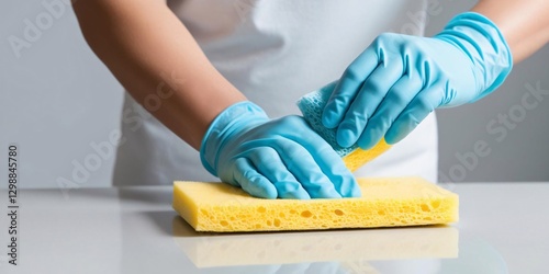 Gloved hands meticulously clean a surface using a yellow sponge.  A close-up shot emphasizes the detail and care taken in the cleaning process. photo