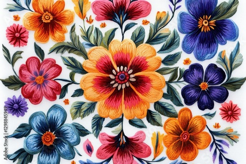 Colorful floral embroidery design showcasing vibrant flowers on a white background, highlighting intricate stitching details and artistic patterns typical of traditional textile art