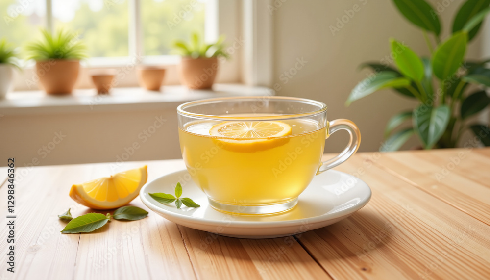 Herbal infusion with lemon in clear teacup, cozy elegance Herbal infusion with lemon in clear teacup, cozy elegance