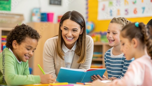 A joyful teacher engages with young students in a colorful classroom, fostering a positive learning environment and encouraging creativity.